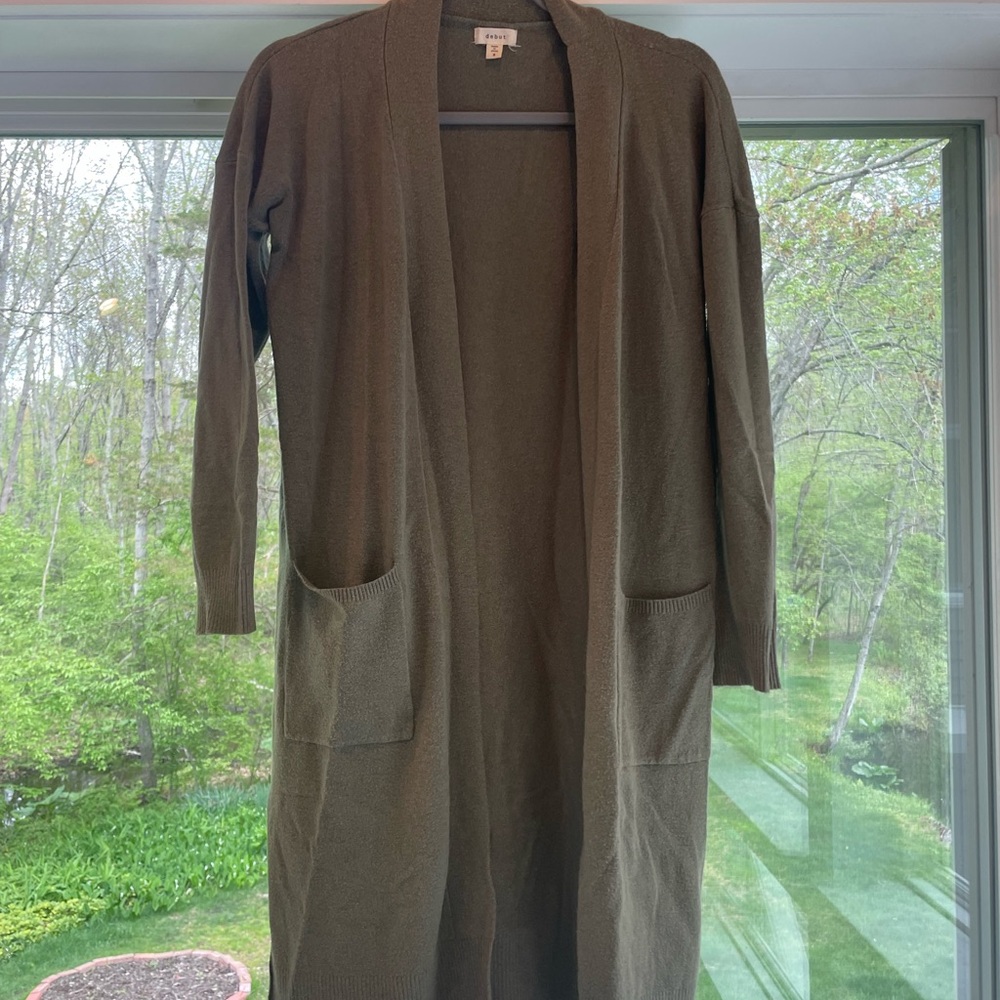 Debut Green Cardigan Sweater Long Open Front